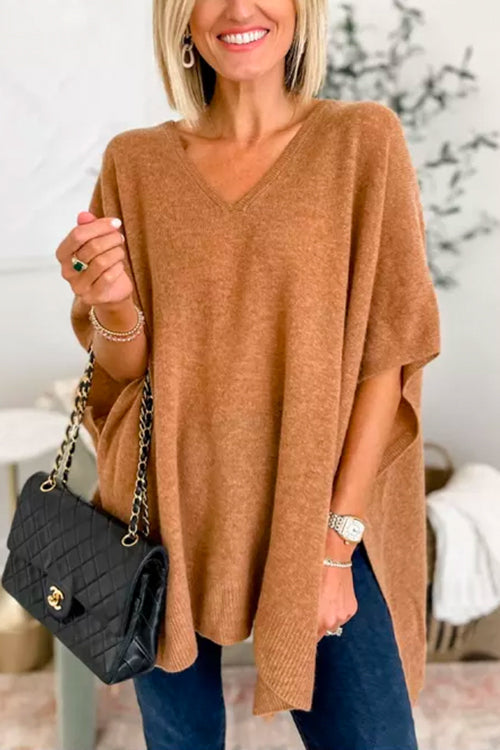 V Neck Loose Fit Solid Poncho Sweater