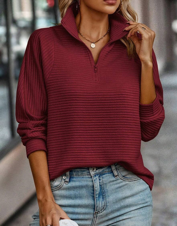 Burgundy V-Neck Long Sleeve Plain Top