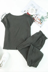 Gray Crinkled Texture Tee & Jogger Pants Set