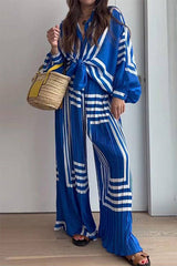 Casual Striped Print Patchwork V Neck Long Sleeve Two Pieces