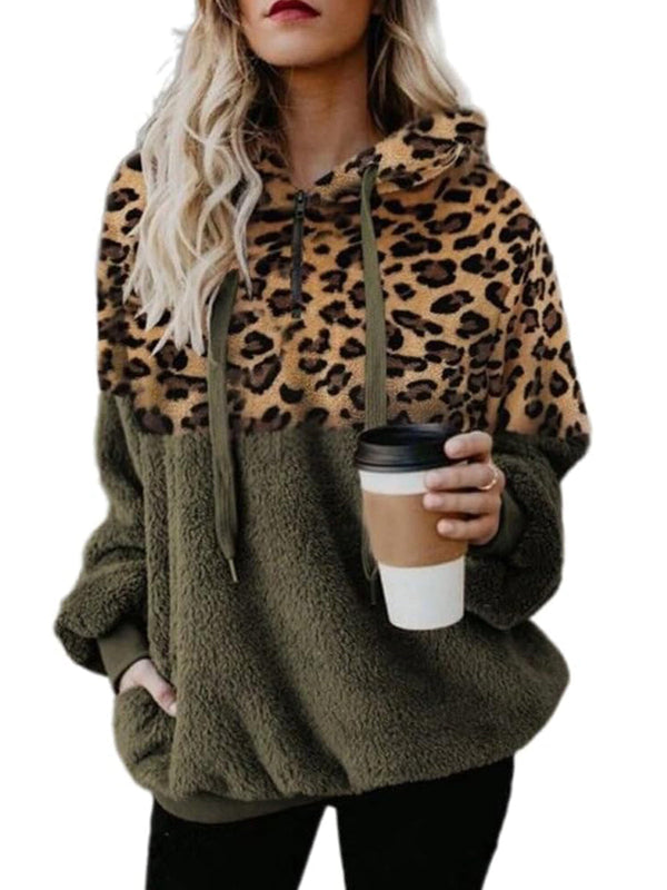 leopard print Athletic Sherpa Fluffy Hoodies Pullover with Pockets