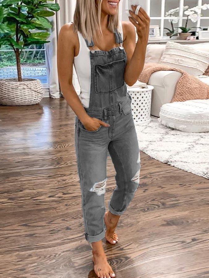 Plain Denim Ripped Jumpsuit